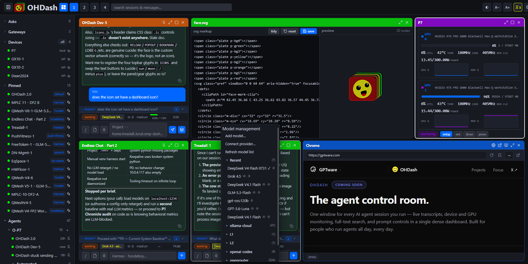 OHDash dashboard — multi-pane session grid with live transcripts, GPU monitoring and search